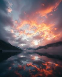 A tight close-up shot captures the vivid reflections of fiery clouds in a mountain lake. The image employs a soft cinematic h