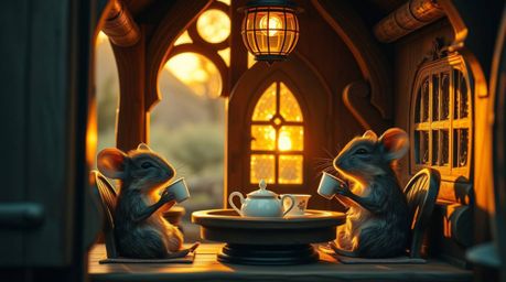 A captivating architectural photograph showcases anthropomorphic mice enjoying a tea party within a charming and cozy cottage