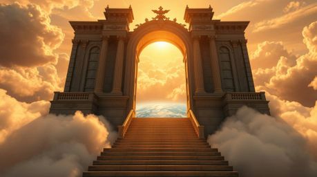 A breathtaking fantasy realism architectural photograph showcasing a heavenly gate suspended above the clouds, with stairs gr