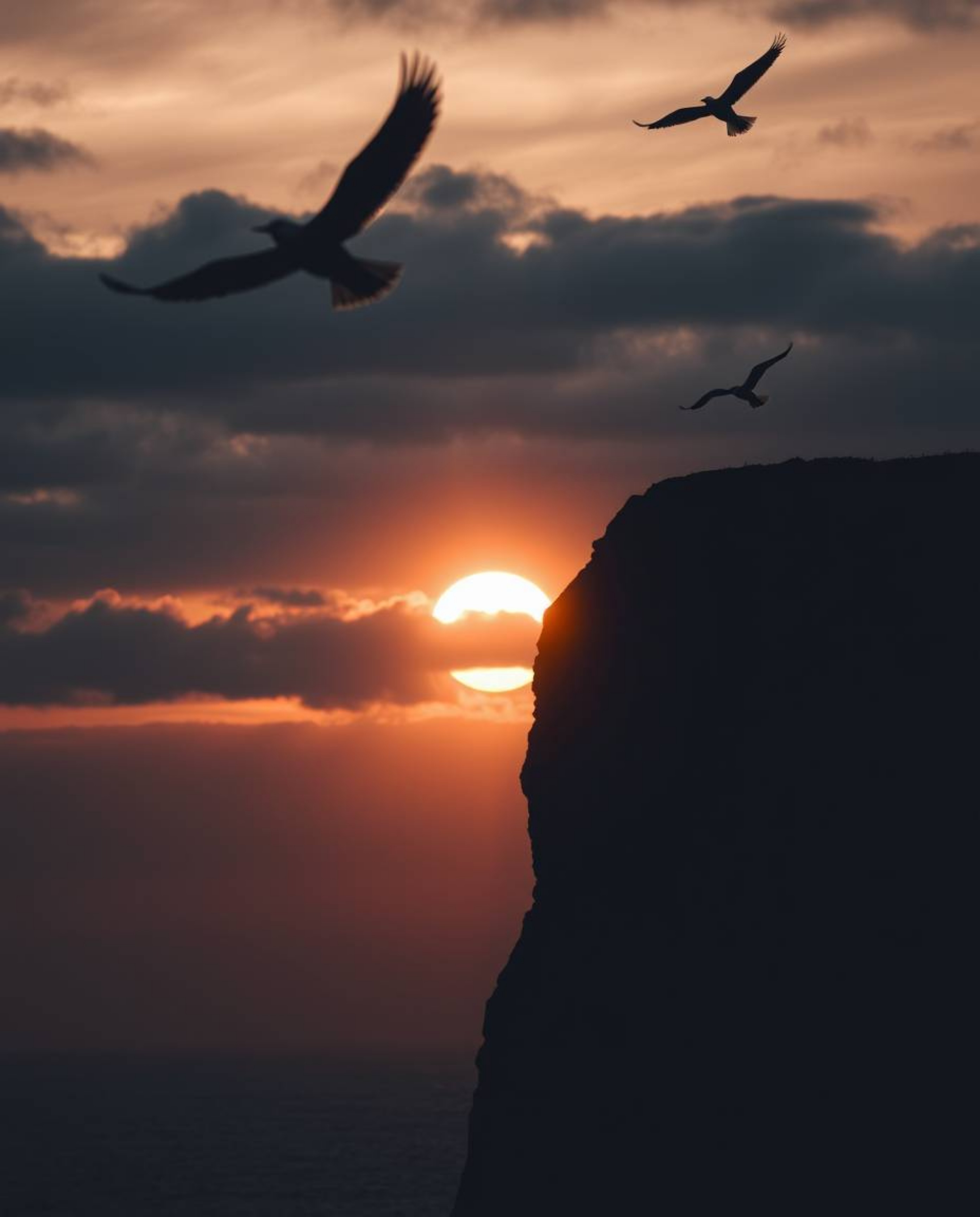 A dramatic, low-contrast, and powerfully moody image captures a low-angle perspective of a sunset over a coastal cliff. Looki