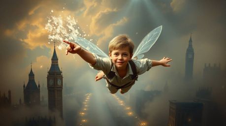 A captivating oil painting depicts a fair-skinned young boy soaring above London, propelled by magical pixie dust.  The artwo