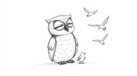 A heartwarming hand-drawn sketch in the style of Pixar depicts a wise, blind owl with soft, feathery textures patiently teach