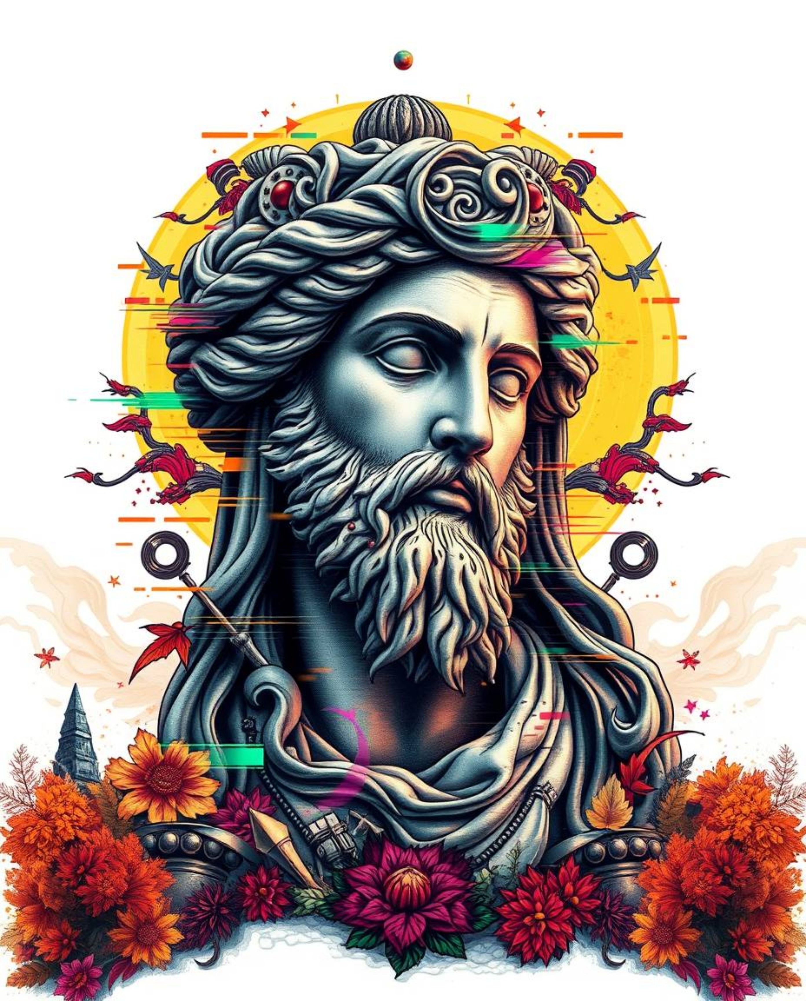 This artwork features a large-scale, symbolic traditional tattoo art print set against a white background. It portrays a clas