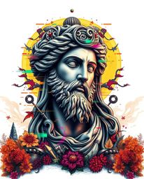 This artwork features a large-scale, symbolic traditional tattoo art print set against a white background. It portrays a clas