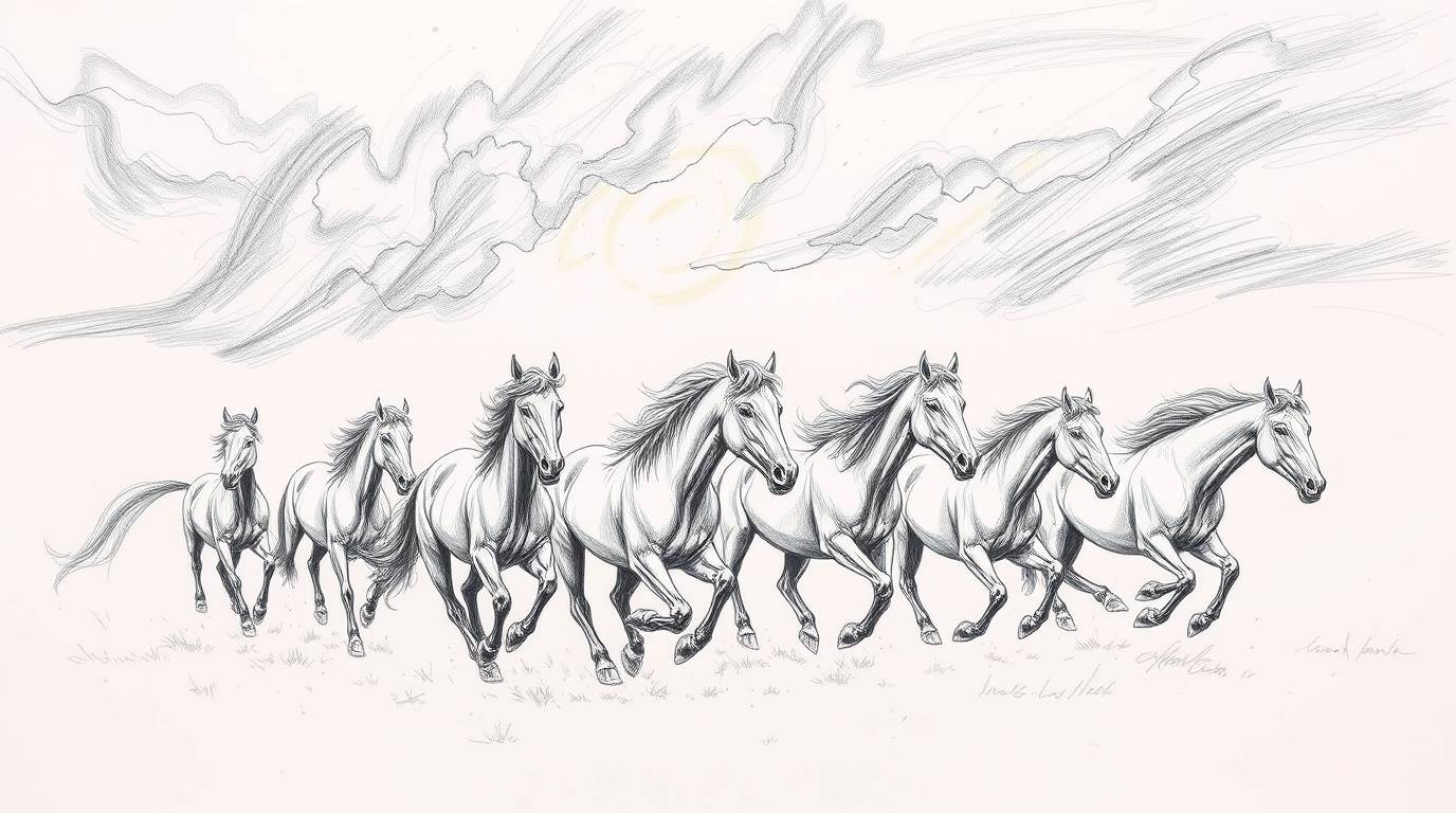 A captivating hand-drawn sketch depicts a herd of wild horses powerfully running across a dramatic landscape under a stormy, 