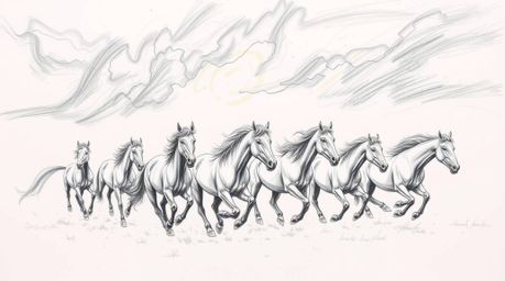 A captivating hand-drawn sketch depicts a herd of wild horses powerfully running across a dramatic landscape under a stormy, 