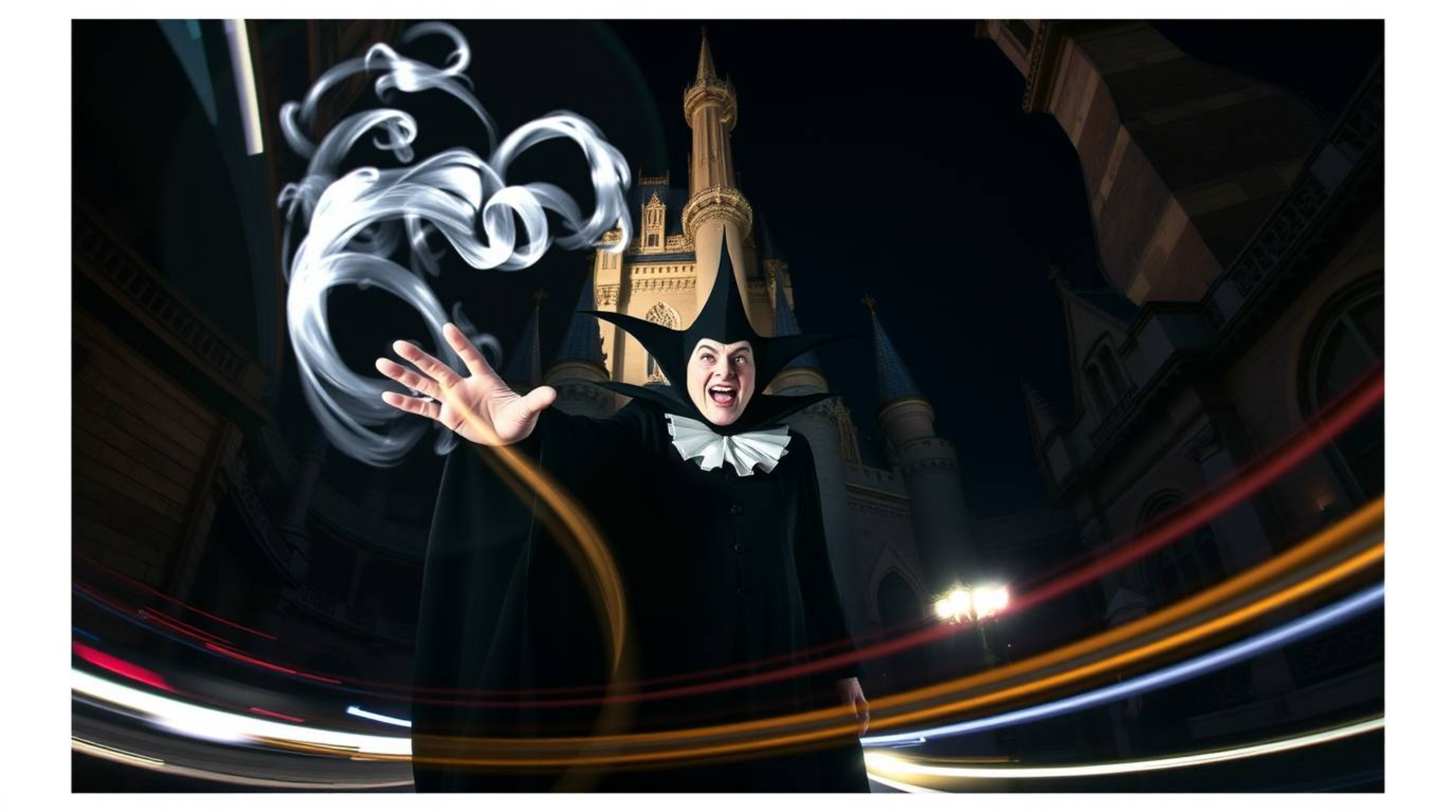 Capture the essence of a classic Disney villain in a dramatic pose, casting a powerful spell within the confines of a grand, 