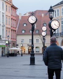 A captivating candid street photography shot reveals an empty town square bathed in soft pastel hues.  Ticking clocks add a t