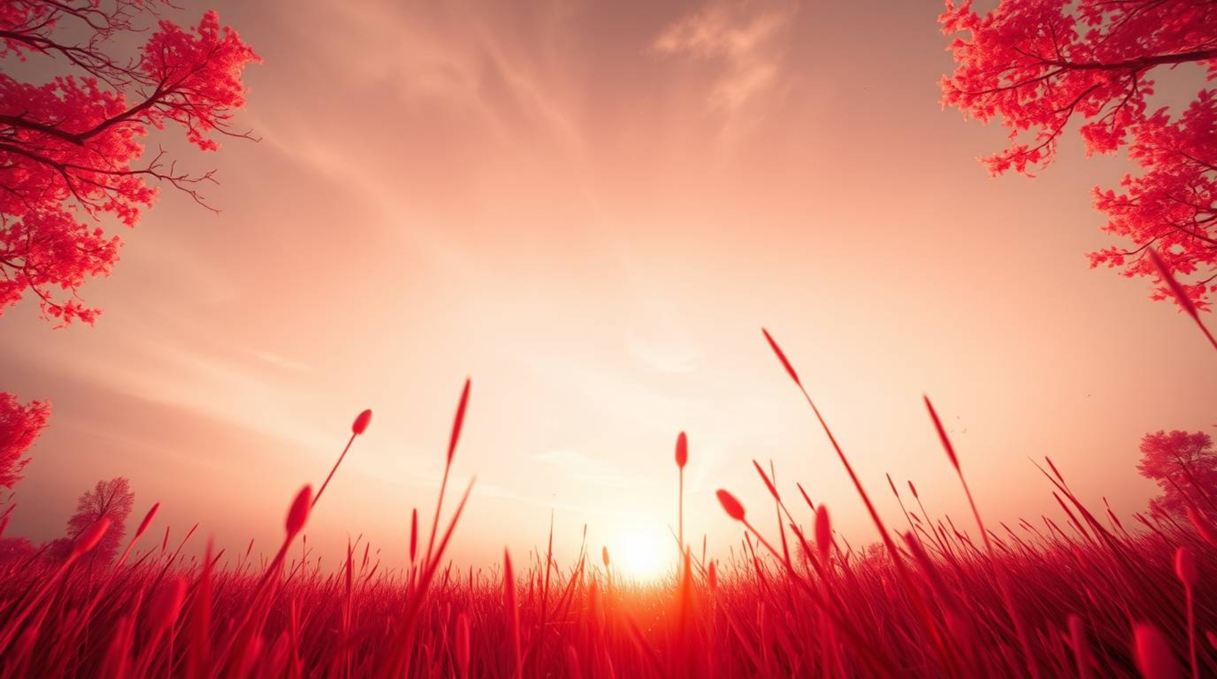 Experience the magic of a sunset over a tranquil meadow, brought to life with surreal infrared tones. This low-angle perspect