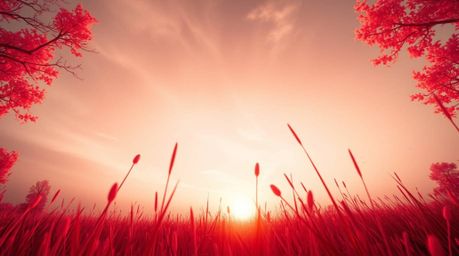 Experience the magic of a sunset over a tranquil meadow, brought to life with surreal infrared tones. This low-angle perspect
