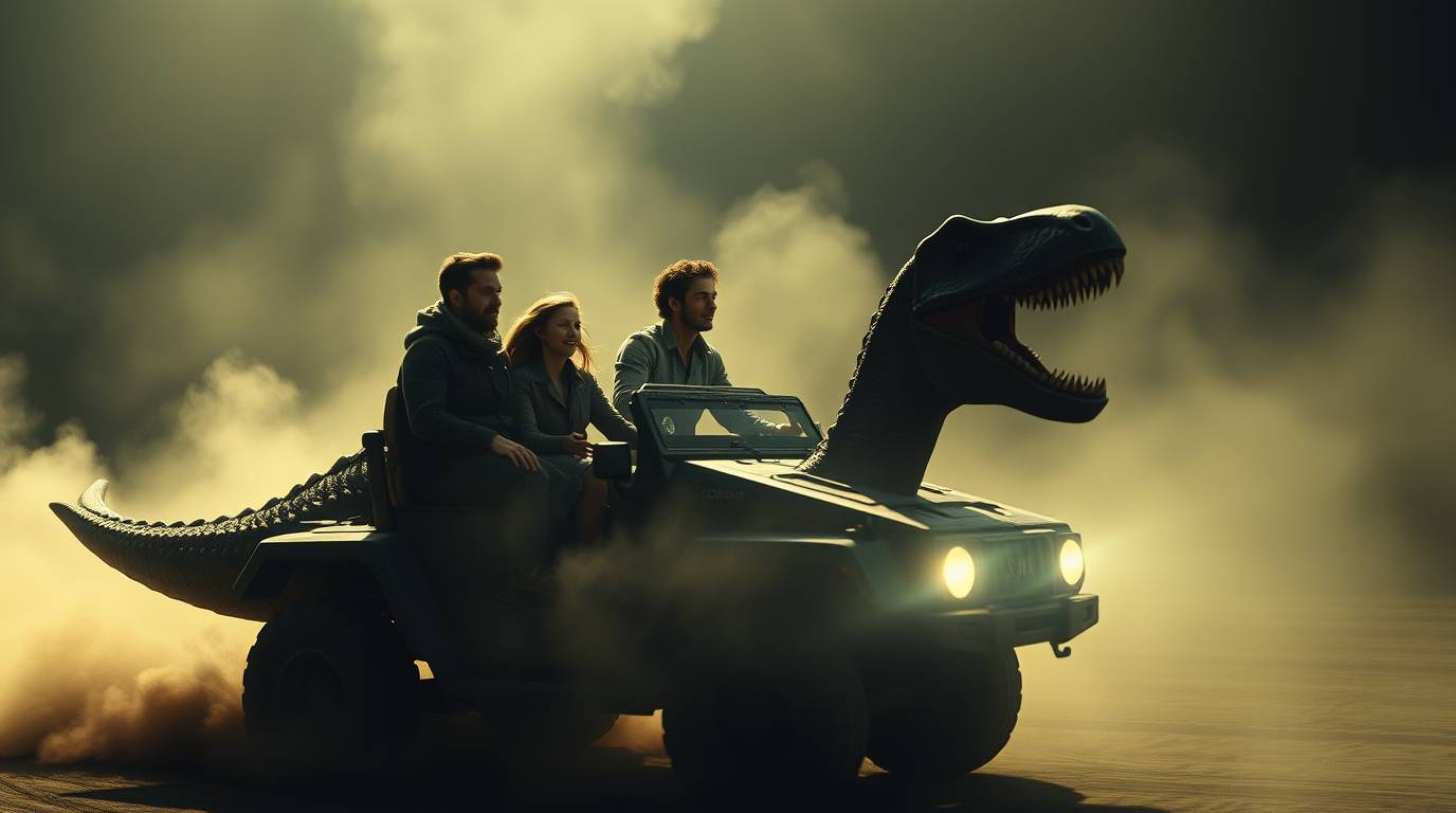 Embark on a mystical journey with a prehistoric family cruising in their dinosaur car.  Volumetric lighting casts ethereal be