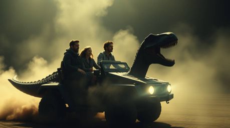 Embark on a mystical journey with a prehistoric family cruising in their dinosaur car.  Volumetric lighting casts ethereal be