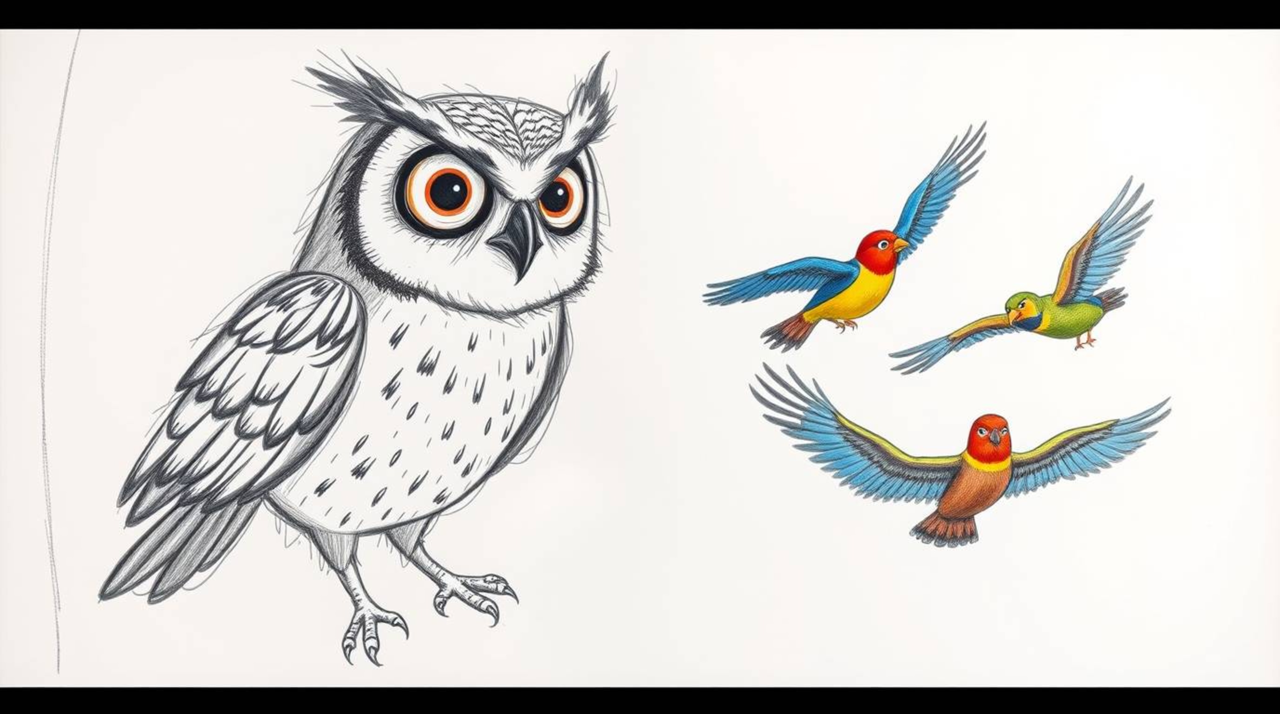 A captivating hand-drawn sketch in the style of Pixar, depicting a blind owl with expressive eyes guiding a flock of colorful
