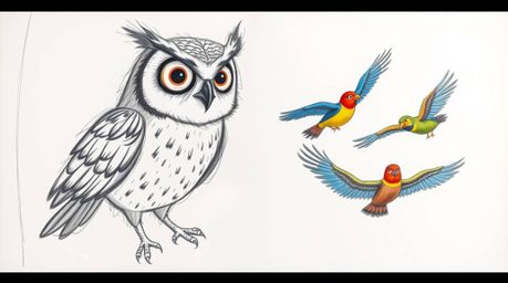 A captivating hand-drawn sketch in the style of Pixar, depicting a blind owl with expressive eyes guiding a flock of colorful