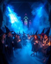 Explore a magical school brimming with young wizards, bathed in stunning volumetric lighting. Cool blues, greens, and purples