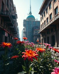 Explore the striking contrast of harsh shadows and bright, vibrant flowers blooming amidst the precise architectural details 
