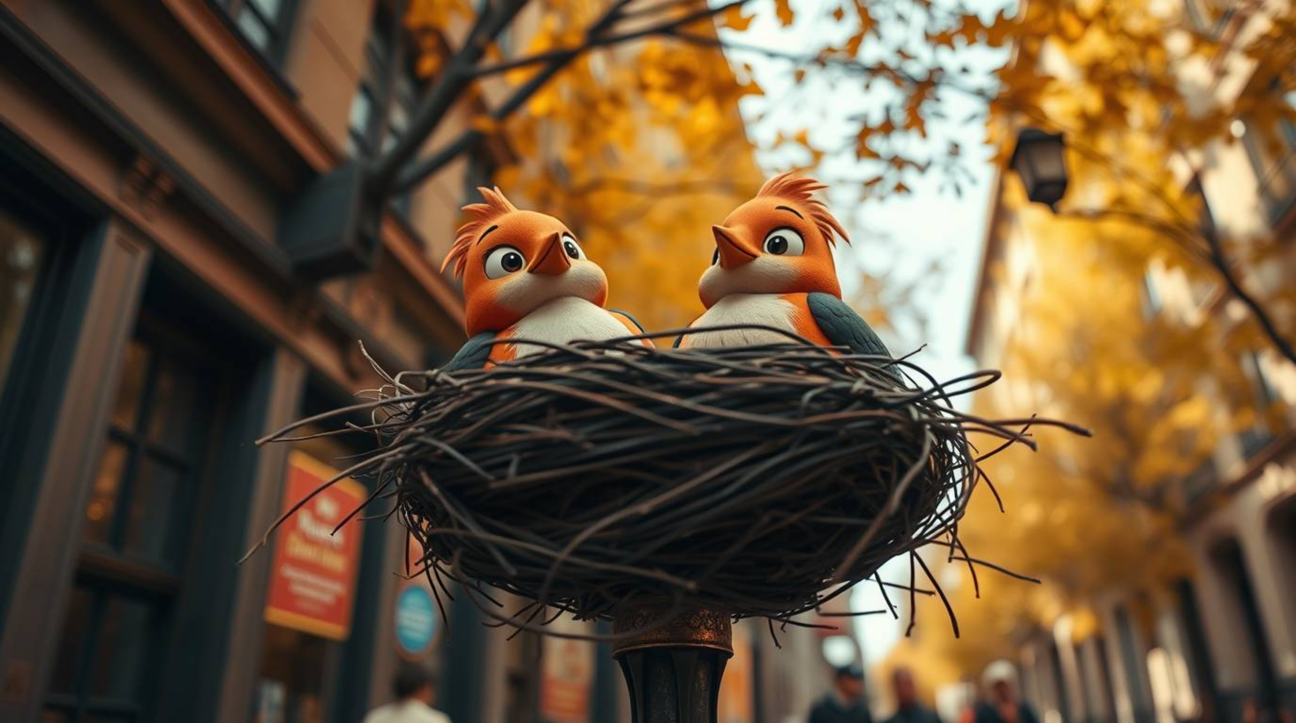 Experience a captivating low-angle perspective of a dramatic urban scene bathed in warm autumn colors. Two charming cartoon b