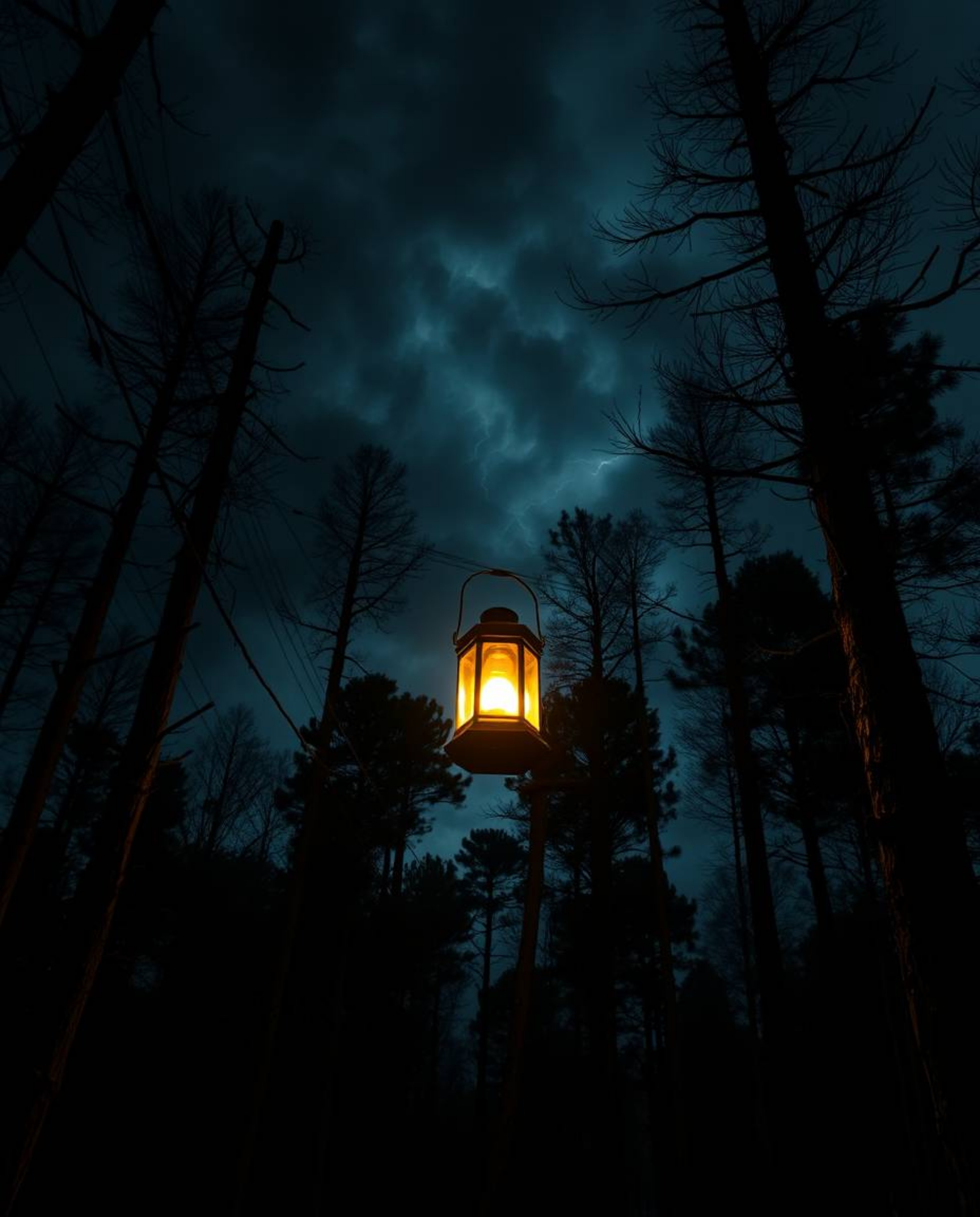 A mesmerizing scene unfolds in a dark forest, illuminated by a single glowing lantern. The atmosphere is intense and dramatic