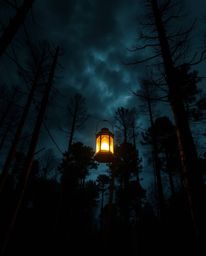 A mesmerizing scene unfolds in a dark forest, illuminated by a single glowing lantern. The atmosphere is intense and dramatic