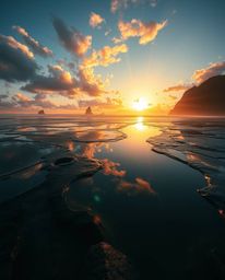 An epic, grand scene depicts a stunning sunset sky mirrored in massive tidal pools on a beach. This image is elevated with mo