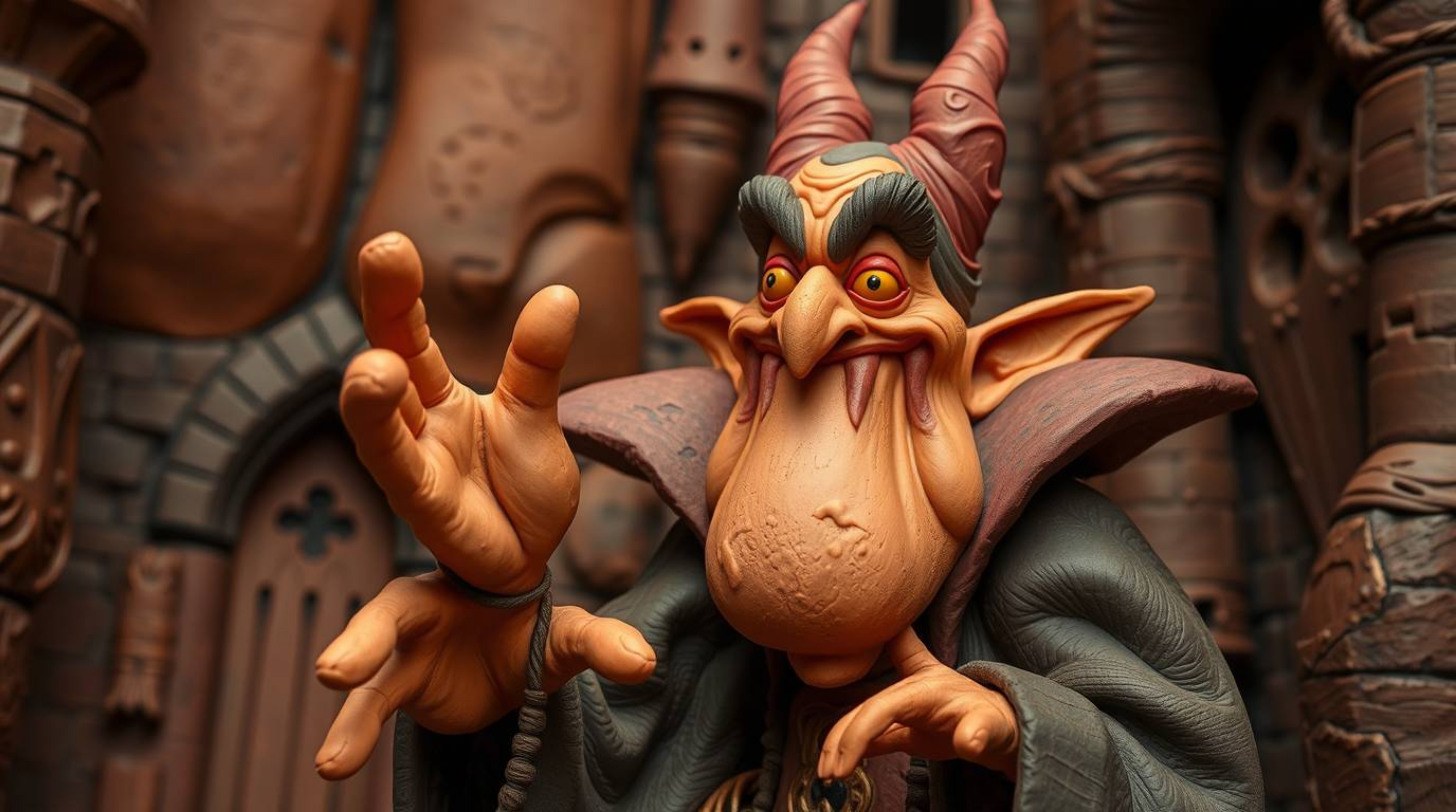 This collection features sculptural clay art depicting a classic Disney villain with exaggerated features and textured skin,