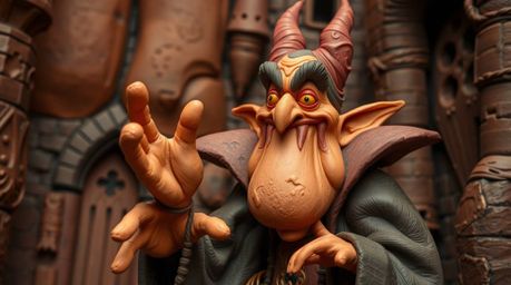 This collection features sculptural clay art depicting a classic Disney villain with exaggerated features and textured skin,