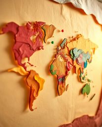 A captivating close-up shot showcases a world map formed from layered papier-mâché, bathed in the warm light of golden hour. 