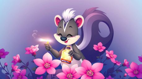 A cartoon skunk, brimming with playful facial features and light gray fur, mischievously sprays perfume onto vibrant pink and