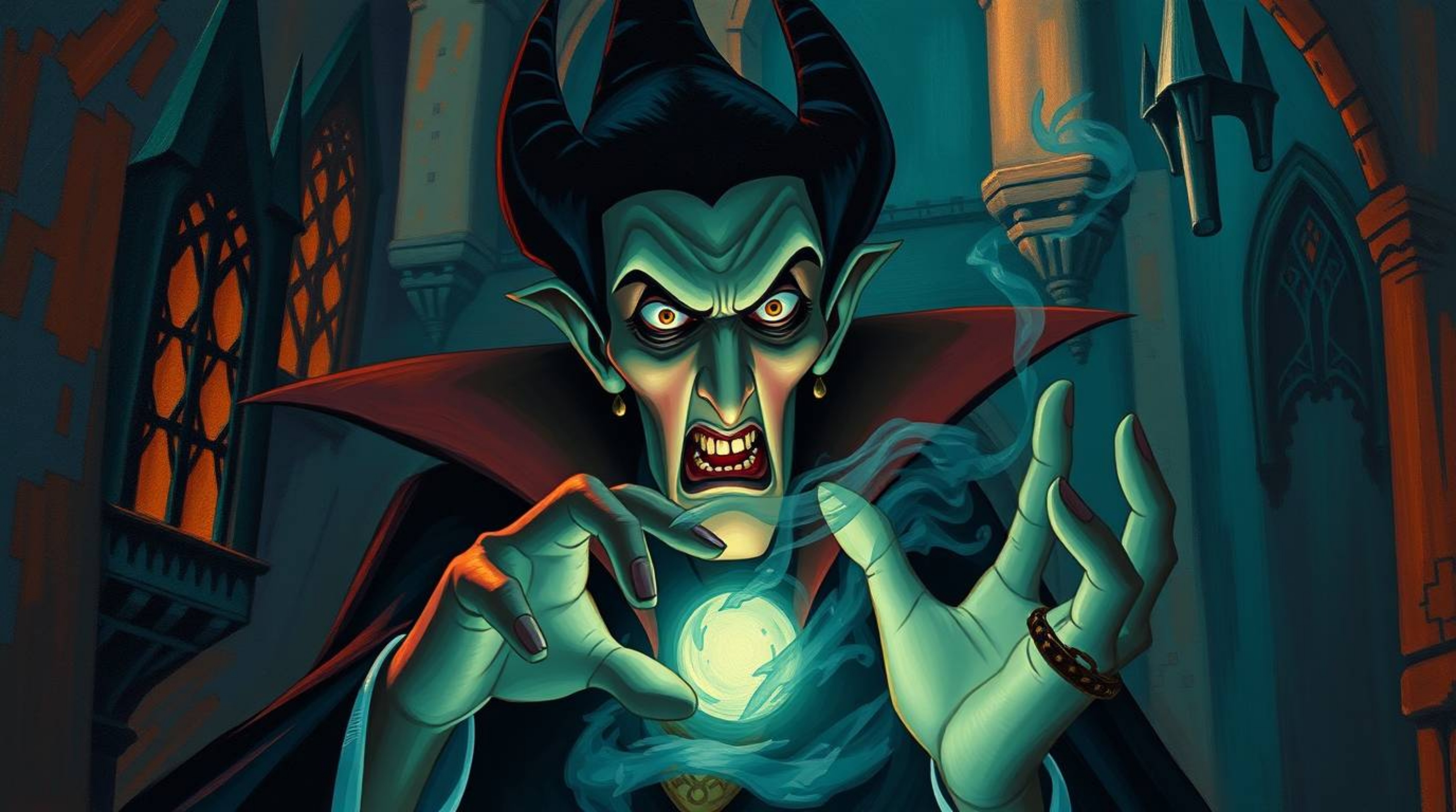 A captivating image depicting a classic Disney villain in a gothic castle, rendered in the style of a classic oil painting.