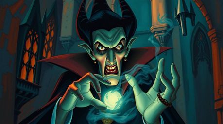 A captivating image depicting a classic Disney villain in a gothic castle, rendered in the style of a classic oil painting.  