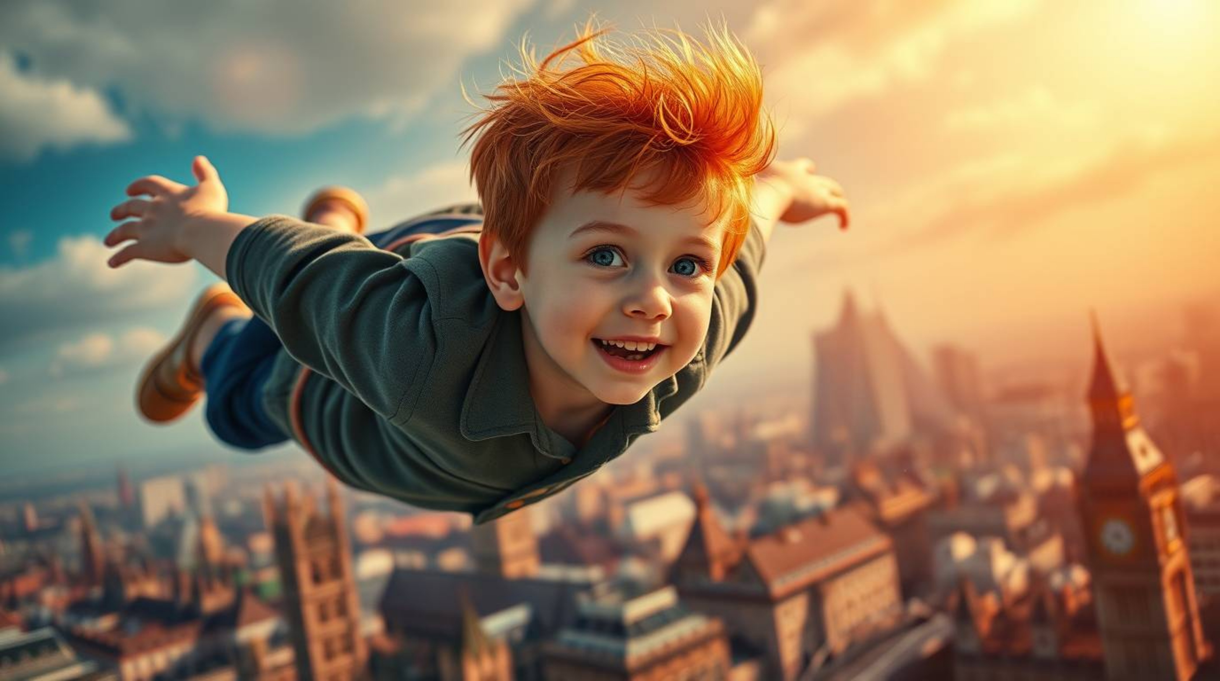 A captivating image showcasing a young boy with striking red hair soaring above the iconic cityscape of London. Bathed in str