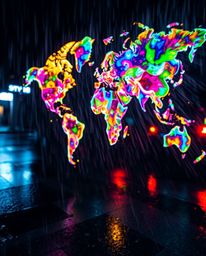 Experience a captivating world map abstract in this long-exposure photograph, formed by bright and colorful splashes against 
