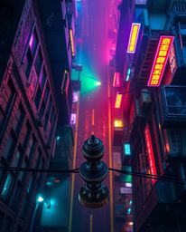 A stunning cast bronze overhead shot depicts a cyberpunk street scene in vibrant pixelated glitch art.  The image glows with 