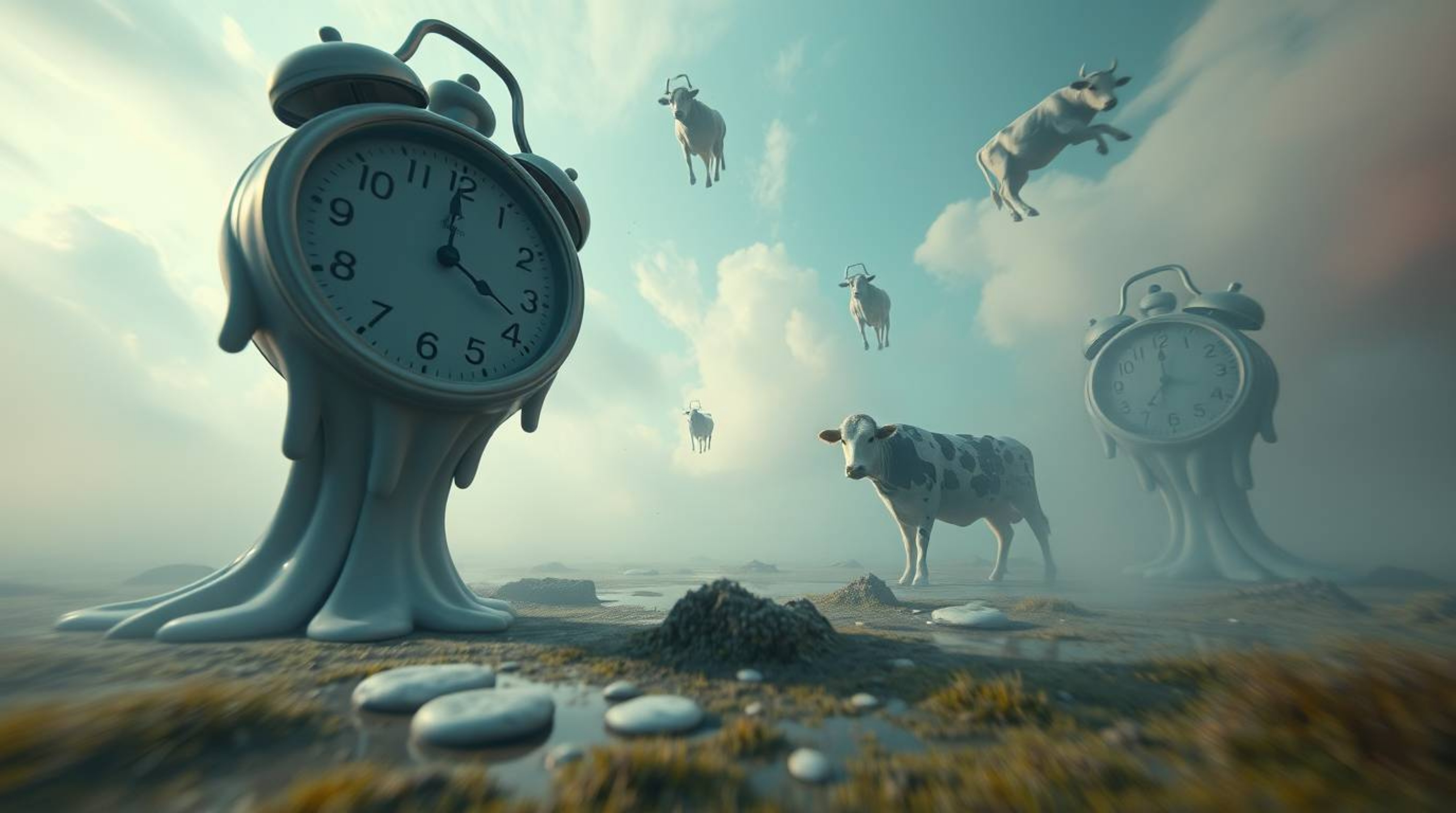 A captivating high-angle shot reveals a surreal dreamscape, where melting clocks and floating cows defy gravity.  The scene i