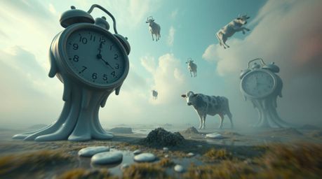 A captivating high-angle shot reveals a surreal dreamscape, where melting clocks and floating cows defy gravity.  The scene i