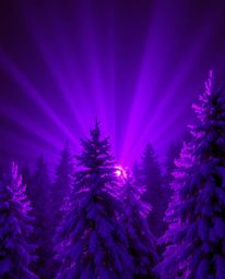Bathed in volumetric lighting and deep ultraviolet hues, this image captures sunset light sparkling on snowy pine trees. The 