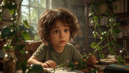 In a highly detailed, vibrant, and whimsical cinematic photograph reminiscent of Pixar's storytelling, a young homeschooled g