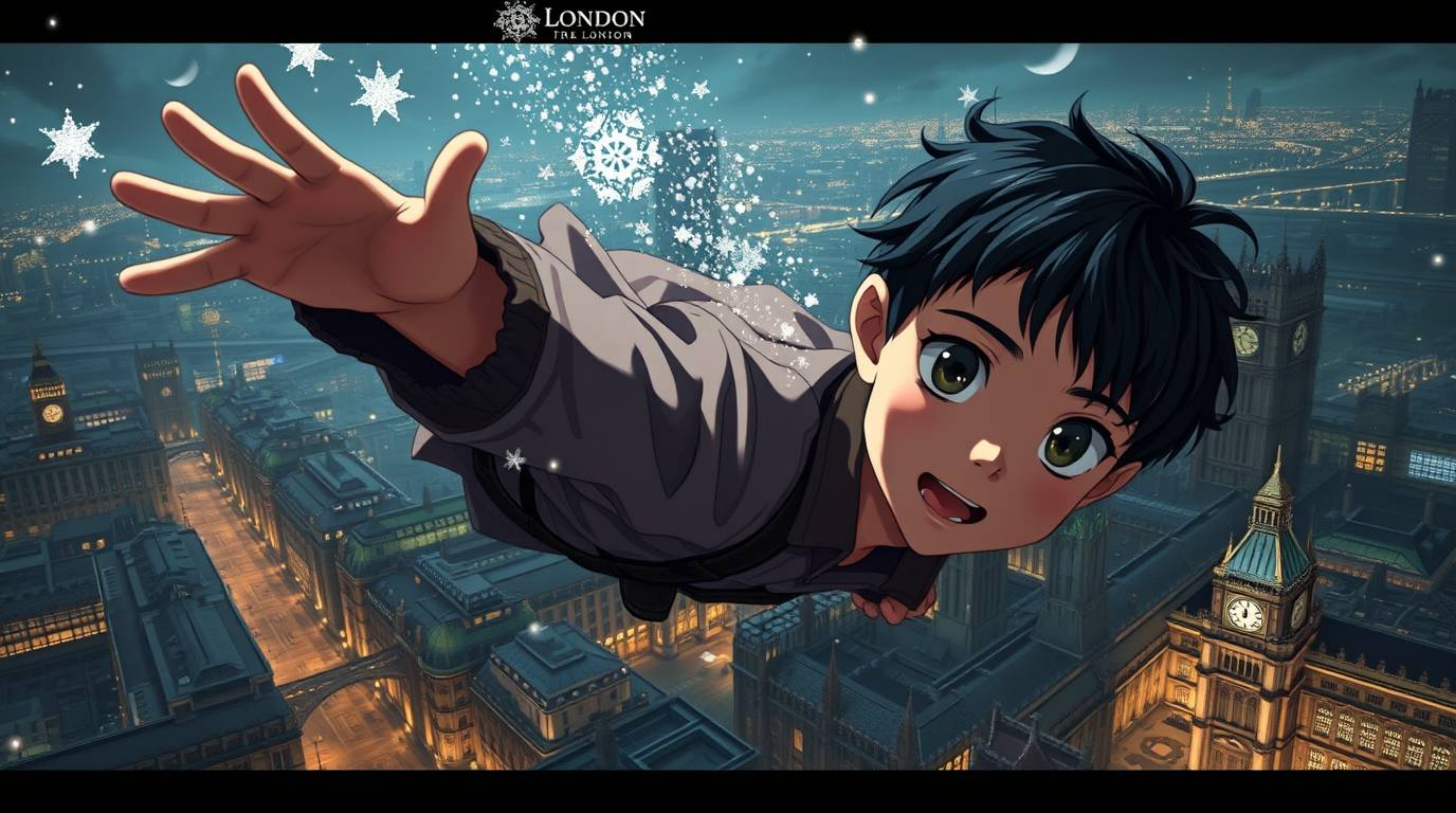 A captivating image featuring a young boy with fair skin and dark hair soaring above a meticulously detailed London cityscape
