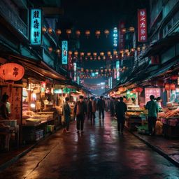 Immerse yourself in the vibrant atmosphere of a bustling Asian market street.  Experience the sights and sounds of neon light