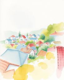 A delicate watercolor painting captures a sleepy town from a high-angle perspective, showcasing pastel houses rendered with t