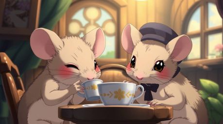 This isekai anime-style artwork presents a tight close-up of anthropomorphic mice enjoying a tea party in a charming, cozy co