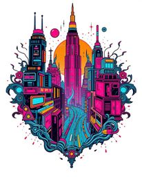 This vibrant print showcases a dynamic futuristic city rendered in a retro glitch style.  Featuring flickering lights, broken