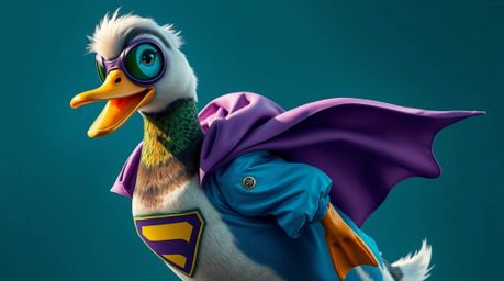 An image showcasing a duck dressed in a zany superhero costume, rendered with a cool color palette of blues, greens, and purp
