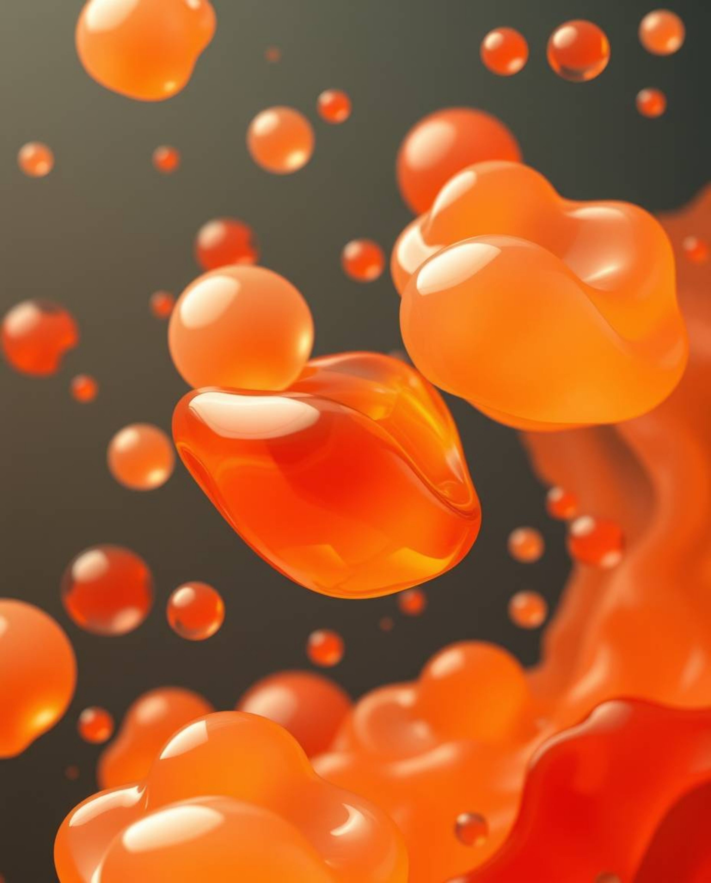 Graceful and elegant floating 3D blobs of fluid jelly with vibrant colors and synthetic textures create a warm and cozy atmos