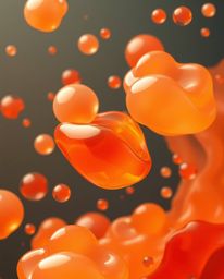 Graceful and elegant floating 3D blobs of fluid jelly with vibrant colors and synthetic textures create a warm and cozy atmos