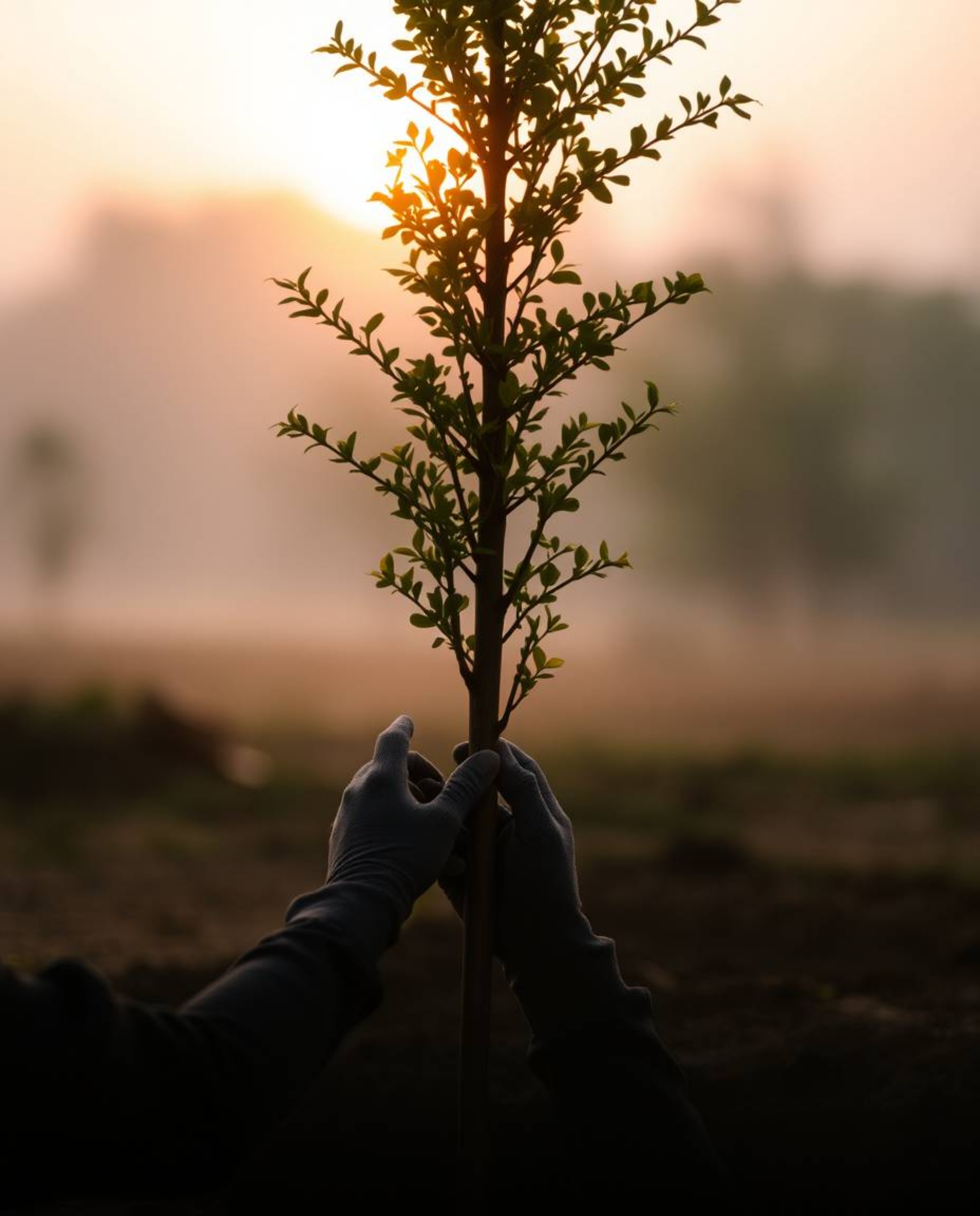 A captivating image depicting hands planting a tree under a breathtaking golden sky, shrouded in thick fog. The photo feature