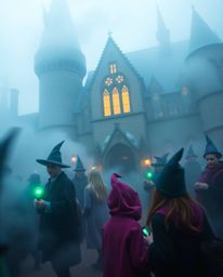 Immerse yourself in a magical school filled with young wizards, shrouded in thick fog and captivating bokeh. This image featu