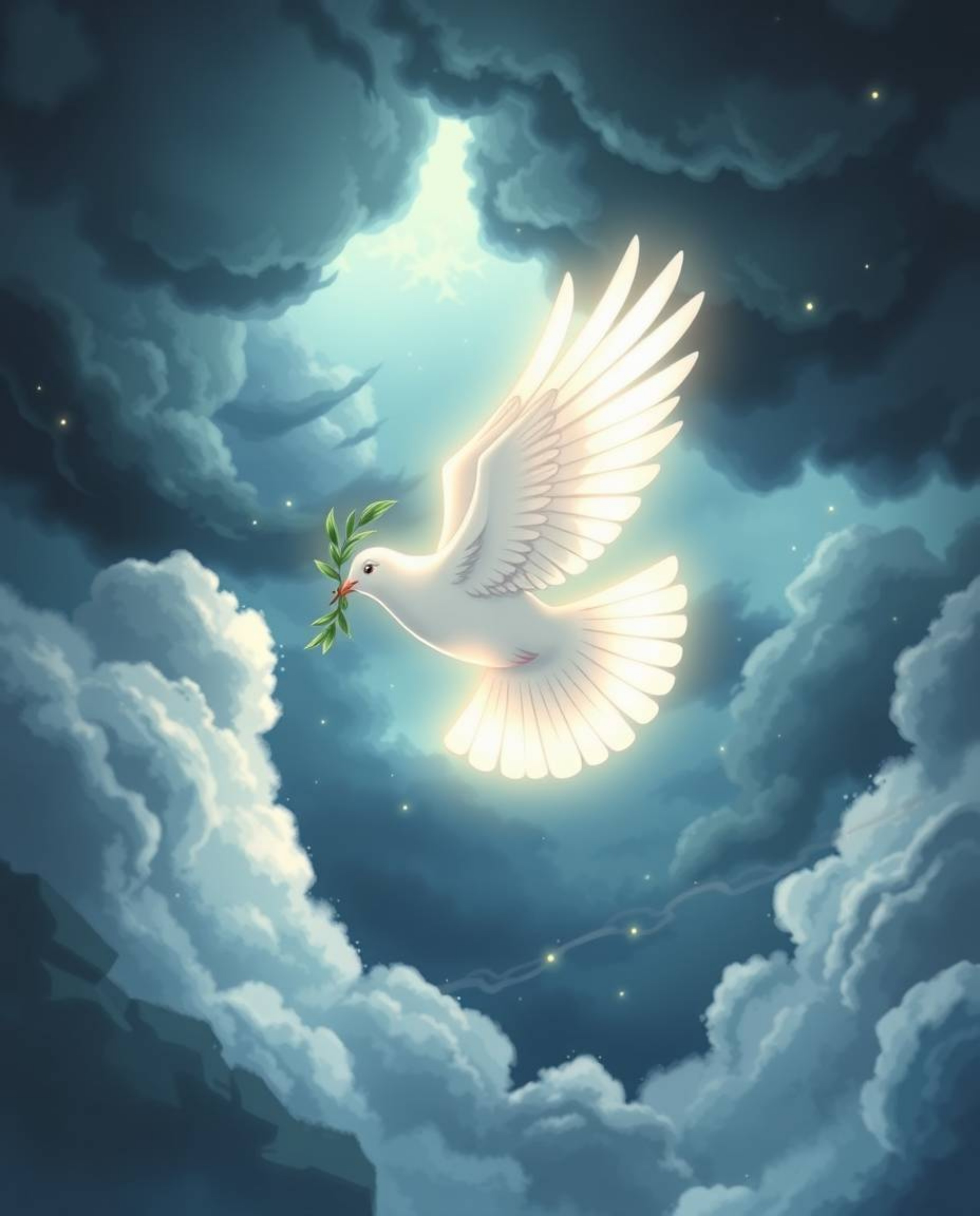 An expressive composition depicting a dove carrying an olive branch through stormy skies, conveying a mystical and ethereal s