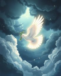 An expressive composition depicting a dove carrying an olive branch through stormy skies, conveying a mystical and ethereal s