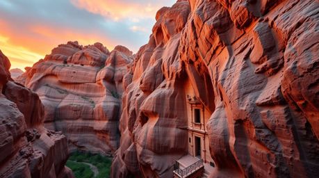 A captivating wide-angle photograph showcases a rocky canyon bathed in the warm hues of a sunset. Drizzling rain adds a touch